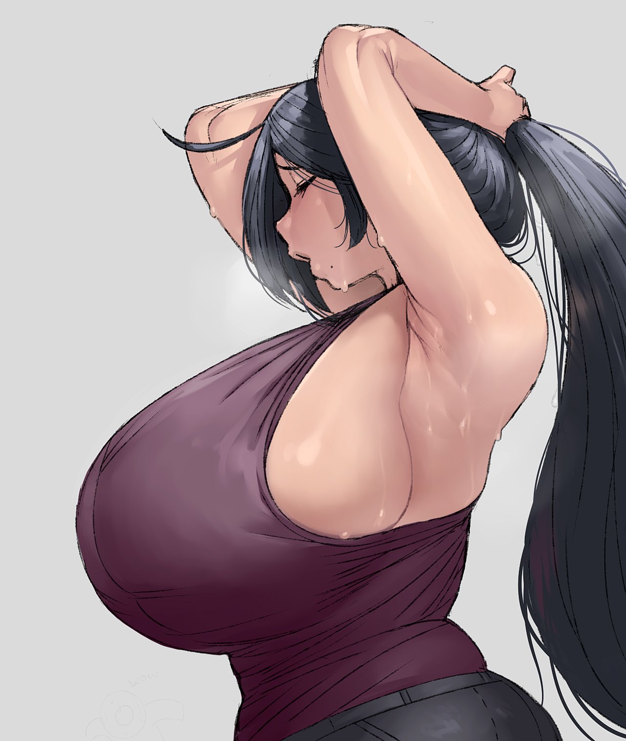 Hentai Booru - Image 1824: 1girl armpits arms_up breasts commentary denim  eyes_closed gigantic_breasts grey_background highres huge_breasts jeans  krekk0v mole mole_under_mouth original pants parted_lips ponytail sideboob  simple_background solo sweat ..