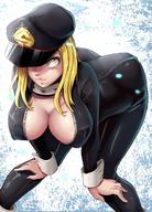 ass bent_over black_bodysuit blonde_hair breasts camie_utsushimi cleavage female hands_on_knees hanging_breasts hat large_breasts leaning_forward long_hair long_sleeves matching_haireyes my_hero_academia nico-mo open_clothes parted_lips peaked_cap shiny shiny_clothes skin_tight wrist_cuffs yellow_eyes // 1220x1696 // 354.6KB
