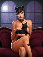 1girl 2014 absurdres bare_arms bare_legs batman_(series) breasts catwoman censored covering crossed_legs dc_comics drew_gardner green_eyes highres legs lips looking_at_viewer nude sideboob sitting smile solo source_request tagme thighs // 1200x1600 // 158.3KB