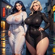 2girls ai_generated al.png ass big_ass big_breasts black_dress black_hair blonde_hair braless breasts breasts_bigger_than_head busty city_background curvy double_slit_dress dress female female_only huge_breasts hyper_hourglass mature mature_body mature_female mature_figure mature_woman milf milfs nipples no_bra rain small_head small_waist thick thick_ass thick_thighs thighs tummy voluptuous voluptuous_female wet white_dress wide_hips // 1828x1828 // 381.7KB