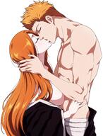 1boy 1girl bleach breasts highres inoue_orihime kiss kurosaki_ichigo large_breasts orange_hair // 1828x2402 // 398.7KB