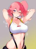 1girl aina_ardebit armpits arms_behind_head bangs belt_pouch blue_eyes blush breasts gloves hair_between_eyes hairband highres hizuki_akira large_breasts long_hair looking_at_viewer midriff navel one_eye_closed pink_hair pouch promare side_ponytail sports_bra steaming_body suspenders sweat tank_top upper_body white_gloves yellow_hairband // 1228x1670 // 262.9KB