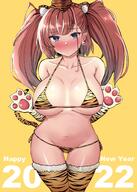 1girl 2022 animal_ear_fluff animal_ears animal_hands animal_print animal_tail atlanta_(kantai_collection) bangs bare_shoulders bikini blue_eyes blunt_bangs blush breasts brown_hair chinese_zodiac clavicle claws cleavage closed_mouth clothing cowboy_shot earrings eyebrows_visible_through_hair eyelashes fake_animal_ears female female_only frown fur-trimmed_legwear fur-trimmed_thighhighs fur_trim garrison_cap ginichi_(akacia) gloves grey_eyes groin hairband halter_top halterneck hands_up happy_new_year hat headwear jewelry kantai_collection large_breasts legwear long_hair looking_at_viewer micro_bikini navel new_year nose_blush orange_bikini orange_gloves orange_hairband orange_hat orange_headwear orange_legwear orange_swimsuit orange_thighhighs paw_gloves pawpads paws print_bikini print_hat print_legwear print_swimsuit raised_eyebrows red_hair shiny shiny_hair shiny_skin side-tie_bikini sidelocks simple_background single_earring solo standing star star_(symbol) star_earrings stomach string_bikini striped swimsuit tail text text_background thigh_gap thighhighs tied_hair tiger_ears tiger_girl tiger_print tiger_tail twintails two_side_up white_pupils year_of_the_tiger yellow_background // 1088x1522 // 238.0KB