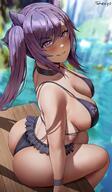 1girl absurdres arched_back artist_name ass bangs bikini black_bikini blurry blurry_background breasts choker frilled_bikini frills from_behind genshin_impact grin hair_between_eyes highres keqing_(genshin_impact) large_breasts long_hair looking_at_viewer looking_up parted_lips purple_eyes purple_hair shexyo sitting smile soaking_feet solo strap_gap swimsuit thighs twisted_torso water watermark // 1422x2436 // 384.7KB