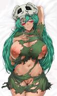 1girls arm_up armpits big_breasts bleach blush breasts busty clothing facepaint female female_only green_hair headwear helmet huge_breasts innie_pussy large_breasts looking_at_viewer lying lying_down lying_on_back nelliel_tu_odelschwanck nipples no_bra one_arm_up oppai pussy revealing_clothes ripped_clothing shirt skull skull_head smile solo sweat t3x torn_clothes upper_body voluptuous // 1228x2054 // 361.4KB