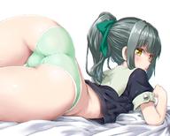 1girl 5:4_aspect_ratio ass black_shirt blush bow brown_eyes closed_mouth dd_(ijigendd) eyebrows_visible_through_hair female female_only grey_hair hair_bow hair_ornament kantai_collection looking_at_viewer looking_back lying pantsu ponytail shiny shiny_skin shirt short_sleeves sidelocks simple_background solo tied_hair underwear yuubari_(kantai_collection) // 1200x960 // 131.6KB