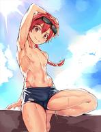 1boy against_wall alexander_(fategrand_order) ankleband arm_behind_head arm_support armpits barefoot blue_sky braid bulge diffraction_spikes fategrand_order fate_(series) groin_tendon leg_up long_hair looking_at_viewer male_focus male_swimwear nipples outdoors r-744 red_eyes redhead school_swimsuit single_braid sky smile solo standing standing_on_one_leg sun sunglasses sunglasses_on_head swim_trunks swimsuit swimwear wall we // 880x1140 // 147.1KB