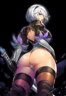 1girl ass black_footwear blue_eyes boots breasts feather-trimmed_sleeves female from_behind gloves gurimjang hair_over_one_eye hairband hand_on_hip high_resolution in_profile katana large_breasts leotard looking_back mole mole_under_mouth nier:_automata nier_(series) shiny shiny_skin short_hair silver_hair solo sword thigh_boots thighhighs thong thong_leotard viewed_from_below weapon yorha_no.2_type_b // 1200x1745 // 217.8KB