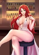 1girls alcohol bottle cup female green_eyes liilica looking_at_viewer pyrrha_nikos red_hair rwby signature sitting solo_female white_dress // 1422x1964 // 259.9KB