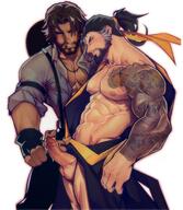 2boys abs arms aroused bangs bara bare_pectorals bare_shoulders beard black_hair breasts brown_hair bursting_pectorals cassidy_(overwatch) cleavage cum erection facial facial_hair fingerless_gloves from_side gloves hair hanzo_(overwatch) highres holo_eden japanese_clothes large_pectorals looking_at_penis mature_female multiple_boys muscular muscular_male navel nipples open_clothes open_shirt overwatch pectorals penis penis_grab penis_touching_tip_of_penis precum sash stomach tattoo tattoo_sleve testicles tied_hair yellow_sash // 1284x1476 // 268.9KB