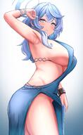 1girl arm_up armpits bare_shoulders blue_eyes blue_hair blue_halo blush bracelet breasts earrings from_side gradient_background halo jewelry large_breasts looking_at_viewer looking_to_the_side medium_hair official_alternate_costume parted_lips simple_background solo thighs // 1886x3066 // 362.1KB
