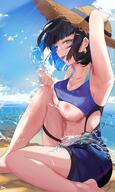 arm_up armpits bangs bare_legs barefoot beach bird black_hair blue_hair breasts bug butterfly cleavage cloud collarbone earrings eriasii feet feet_out_of_frame female genshin_impact green_eyes hand_on_headwear hat highres jewelry large_breasts light_rays looking_at_viewer midriff multicolored_hair navel nipples ocean sand short_hair sitting sky solo splashing stomach straw_hat summer sunbeam sunlight swimsuit tongue tongue_out water yelan_(genshin_impact) // 1288x2148 // 377.7KB