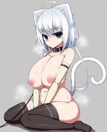 1girl absurdres animal_ears belly black_legwear blue_eyes boots breasts cat_ears cat_tail collar elbow_gloves felt_whitesnow gloves grey_background highres huge_breasts navel nipples nude original plump sawati short_hair simple_background sitting solo tail thick_thighs thigh_boots thighhighs thighs wariza white_gloves white_hair // 1020x1254 // 135.0KB