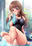 1girl arm_behind_back bangs bare_arms bare_legs bare_shoulders barefoot black_swimsuit blunt_bangs blurry blurry_foreground blush breasts brown_hair cleavage closed_mouth collarbone competition_swimsuit depth_of_field drying garana highres holding holding_towel idolmaster indoors kamiya_nao lens_flare long_hair medium_breasts nose_blush on_floor one-piece_swimsuit pool solo sparkle splashing sunlight swimsuit thick_eyebrows tile_floor tiles towel water water_drop wet wet_clothes wet_hair wet_swimsuit window // 1020x1443 // 230.9KB