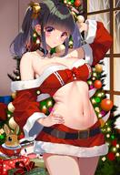 1girl absurdres akihiro0920 bell belt black_hair breasts christmas_present christmas_tree closed_mouth commentary_request cosplay dress gift hair_bell hair_ornament hand_on_own_hip highres indoors looking_at_viewer medium_breasts navel original rabbit santa_dress short_twintails sidelocks smile solo standing stomach twintails window // 1888x2744 // 431.1KB
