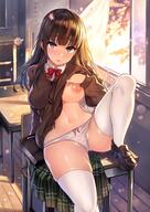 1girl areolae bangs blunt_bangs blush bow bowtie breasts brown_eyes brown_hair cherry_blossoms classroom clothes_lift desk eyebrows_visible_through_hair highres knee_up lifted_by_self long_hair looking_at_viewer medium_breasts navel nipples on_desk open_mouth open_window original panties red_bow red_bowtie shiokonbu shirt_lift sitting sitting_on_desk skirt skirt_removed suggestive_fluid thick_thighs thighhighs thighs underwear white_legwear white_panties wind window // 1364x1926 // 409.4KB
