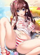 1girl :o ass bare_legs beach bead_bracelet beads bikini boku_no_kanojo_sensei bracelet breasts brown_hair cleavage collarbone day earrings fang fish_hair_ornament fujiki_maka hair_bobbles hair_ornament halterneck innertube jewelry large_breasts long_hair looking_at_viewer navel one_side_up open_mouth oryou outdoors purple_eyes reclining red_bikini sand sandals see-through shell shirt shirt_lift short_sleeves sidelocks solo spread_legs starfish stomach striped striped_bikini swimsuit thighs water white_shirt // 940x1283 // 195.0KB