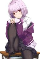 1girl bangs black_legwear black_skirt blush breasts collared_shirt commentary_request crotch_seam desk eyebrows_visible_through_hair grin hands_on_own_knees highres hood hood_down hooded_jacket interlocked_fingers jacket knee_up large_breasts lavender_hair long_sleeves looking_at_viewer nanaku_teiru no_shoes off_shoulder on_desk panties panties_under_pantyhose pantyhose parted_lips pleated_skirt purple_neckwear red_eyes revision school_desk school_uniform see-through shinjou_akane shirt short_hair simple_background sitting skirt skirt_lift smile solo ssss.gridman underwear white_background white_shirt // 1200x1760 // 212.1KB