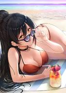 1girl beach bikini black_hair breasts choker cleavage drink earrings female food front-tie_top fruit high_resolution idolmaster jewelry looking_at_viewer maou(demonlord) ocean outdoors ponytail shirase_sakuya side-tie_bikini smile solo strawberry string_bikini sunglasses swimsuit the_idolm@ster:_shiny_colors tied_hair yellow_eyes // 880x1242 // 201.3KB