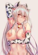 1girl absurdres animal_ears animal_print arm_under_breasts arm_up bangs bare_shoulders bell blush breasts cleavage collar collarbone cow_ears cow_girl cow_horns cow_print cowbell elbow_gloves eyebrows_visible_through_hair gloves hair_between_eyes highleg highleg_panties highres horns lactation large_breasts lips long_hair looking_at_viewer navel nipples original panties parted_lips ponytail red_collar red_eyes shiny shiny_hair sideboob silver_hair simple_background sleeveless solo teeth uchida_shou underwear upper_body // 1288x1822 // 305.3KB