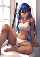 1girl blue_hair bra dark-skinned_female female_focus katana long_hair original panties sitting solo sword underwear weapon window // 1080x1528 // 185.8KB