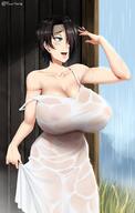 1girl aqua_eyes artist_name bare_arms bare_shoulders black_hair breasts cleavage commentary dress hair_over_one_eye huge_breasts looking_away nipples no_bra no_panties open_mouth original outdoors rain saya_(twrlare) see-through short_hair smile solo strap_slip sundress twitter_username twrlare wet wet_clothes white_dress // 1080x1700 // 169.0KB