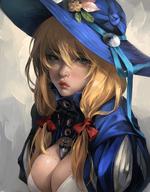 1girl bangs blonde_hair blue_eyes blue_hat blue_jacket blue_ribbon blush breasts cleavage_cutout closed_mouth comic dress flower freckles g-tz hair_between_eyes hair_ribbon hat hat_flower hat_ribbon highres jacket jewelry large_breasts long_hair looking_at_viewer medium_breasts necklace original puffy_sleeves red_lips red_ribbon ribbon sidelocks solo tress_ribbon upper_body white_dress // 1120x1432 // 261.0KB