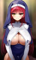 1girl absurdres blue_dress blurry breast_curtains breasts cleavage closed_mouth depth_of_field dress habit heterochromia highres hololive houshou_marine large_breasts long_hair long_sleeves looking_at_viewer mole mole_on_breast no_bra no_panties nun pelvic_curtain red_eyes red_hair sbgu smile solo upper_body veil virtual_youtuber yellow_eyes // 1288x2146 // 282.9KB