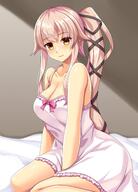 1girl absurdres bed_sheet blush breasts camisole cleavage closed_mouth collarbone hair_between_eyes highres kantai_collection large_breasts long_hair looking_at_viewer pink_hair ponytail ruin_re_birth smile solo very_long_hair white_camisole yellow_eyes yura_(kancolle) // 2188x3050 // 381.3KB
