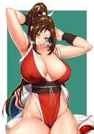 1girl arm_guards armpits arms_behind_head bare_shoulders blush breasts breath brown_eyes brown_hair cleavage curvaceous erect_nipples erect_nipples_under_clothes fatal_fury female hakai_shin high_ponytail high_resolution huge_breasts king_of_fighters looking_at_viewer ninja nipples obi parted_lips pelvic_curtain ponytail revealing_clothes rope sash shiranui_mai sideboob sidelocks sitting smile sweat thighs tied_hair wafuku // 1200x1697 // 209.8KB