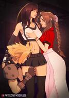 1boy 2girls abs absurdres aerith_gainsborough bisexual_female blonde_hair braid braided_ponytail brown_hair cloud_strife crop_top cropped_jacket dress final_fantasy final_fantasy_vii final_fantasy_vii_remake fmsqueeze grabbing grabbing_another's_breast highres jacket miniskirt multiple_girls pink_dress red_jacket skirt spiked_hair suspenders thigh_grab thighhighs tifa_lockhart toned // 1484x2120 // 354.7KB