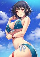 1girl adapted_costume artist_name ass bangs bikini black_hair blue_bikini blush breasts cloud day female front-tie_bra hand_to_own_cheek high_resolution in_profile kantai_collection large_breasts lips looking_at_viewer messy_hair nail nail_polish open_mouth outdoors red_eyes red_nails sakiyamama short_hair side-tie_bikini sideboob sky solo sparkle swimsuit takao_(kantai_collection) twisted_torso underboob upper_body wet wet_clothes // 1080x1527 // 229.6KB