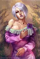 bare_shoulders blue_eyes breasts cleavage dress female fingernails isabella_valentine judash137 large lips lipstick looking_at_viewer makeup nail_polish open_mouth revealing_clothes short_hair smile solo soul_calibur standing white_hair // 872x1288 // 178.4KB