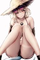 1girl absurdres arknights bare_shoulders black_shorts commentary eyewear_on_head feet_out_of_frame hat head_tilt highres knees_up laozhanshi navel off_shoulder pink_eyes revision short_hair short_shorts shorts silver_hair simple_background sitting solo sun_hat sunglasses tail thighs utage_(arknights) white_background // 1416x2090 // 294.8KB