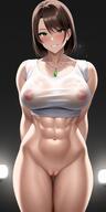 1girls ai_generated big_breasts blush brown_hair crop_top erect_nipples erect_nipples_under_clothes female green_eyes happy looking_at_viewer muscular_female nai_diffusion necklace nipples no_panties original original_character pussy short_hair smile solo stable_diffusion toned_female upscaled wet wet_clothing // 2048x4096 // 389.2KB