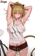 1girl animal_ears arknights armpits arms_behind_head arms_up bangs bare_shoulders blonde blush body_writing breasts brown_shorts character_name clavicle closed_mouth collar condom cutoffs erect_nipples erect_nipples_under_clothes female hair_between_eyes heart heart-shaped_pupils high_resolution large_breasts lion_ears lion_tail long_hair looking_at_viewer midriff mouth_hold nipples open_fly pubic_hair rosaline shirt short_shorts shorts siege_(arknights) simple_background solo sweat symbol-shaped_pupils tail tank_top thighs unzipped used_condom white_background white_shirt white_tank_top yellow_eyes // 1288x2029 // 256.8KB