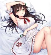 1girl :o arm_up ass bangs bare_shoulders bed_sheet blush breasts brown_hair dress eyebrows_visible_through_hair fingernails frilled_dress frills green_eyes hair_between_eyes halterneck highres long_hair looking_at_viewer lying medium_breasts on_back original panties parted_lips pillow red_ribbon ribbon solo underwear very_long_hair white_dress white_panties ym_(distance819) // 1200x1298 // 234.5KB