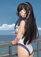 1girl adapted_costume ass beach black_hair blue_eyes blue_sailor_collar blue_sky breasts casual_one-piece_swimsuit cloud day glasses hair_between_eyes hairband highres kantai_collection lips long_hair looking_at_viewer looking_to_the_side medium_breasts ocean one-piece_swimsuit ooyodo_(kantai_collection) outdoors sailor_collar semi-rimless_eyewear sky smile solo standing sufew swimsuit under-rim_eyewear water white_swimsuit // 1080x1514 // 220.1KB