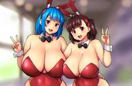 2girls animal_ears ayana_(liberty_manurung) bangs bare_shoulders black_bow black_bowtie blue_hair blunt_bangs blurry blurry_background blush borrowed_character bow bowtie breasts brown_hair cleavage covered_navel detached_collar erkaz fake_animal_ears hand_on_another's_hip hand_up highres huge_breasts leotard looking_at_viewer medium_hair multiple_girls open_mouth original playboy_bunny rabbit_ears red_eyes red_leotard rina_atherina smile upper_body v wrist_cuffs // 1960x1288 // 270.7KB