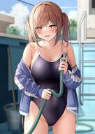 1girl bangs bare_shoulders black_swimsuit blue_jacket blurry blurry_background blush breasts brown_eyes brown_hair chain-link_fence collarbone commentary_request covered_navel cowboy_shot fence highres hose jacket large_breasts long_hair long_sleeves looking_at_viewer monaka_curl off_shoulder one-piece_swimsuit open_clothes open_jacket original outdoors parted_lips smile swimsuit twintails // 1426x2016 // 314.6KB