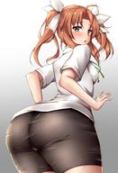 1girl ahoge asagumo_(kantai_collection) ass bike_shorts blue_eyes blush bow breasts brown_hair from_behind hair_bow highres kantai_collection long_hair looking_at_viewer open_mouth shiny shiny_clothes shiny_hair sideboob solo terakoya twintails // 1080x1578 // 180.9KB