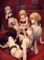 4girls ahoge arm_support artoria_pendragon artoria_pendragon_(alter) bangs bare_shoulders black_bra black_footwear black_panties black_underwear blonde blue_eyes blue_ribbon blush bow bow_bra bra braid breasts clavicle cleavage closed_mouth couch crossed_arms crossed_legs crown_braid elbow_rest expressionless eyebrows_visible_through_hair fategrand_order fatestay_night fate_(series) female flower green_eyes groin hair_between_eyes hair_bun hair_ornament hair_ribbon half-closed_eyes hand_on_own_cheek hand_on_own_knee head_tilt high_heels high_resolution indoors jeanne_d'arc_(alter) jeanne_d'arc_(fate) jeanne_d'arc_(fate)_(all) jewelry knees_together_feet_apart large_breasts leaning_back leaning_forward leg_garter lingerie long_hair looking_at_viewer mashu_(mashu_003) mashuu_(neko_no_oyashiro) medium_breasts multiple_girls navel necklace pantsu parted_lips photo_(object) picture_frame red_bra red_flower red_footwear red_rose removed ribbon ribbon-trimmed_bra ribbon_trim rose saber shoes short_hair side-tie_panties sidelocks signature single_braid sitting smile stomach table tareme thighs tied_hair twitter_username underwear underwear_only vase very_long_hair yellow_eyes // 1488x2030 // 316.2KB