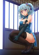 1girl :d aqua_hair bang_dream! bare_shoulders black_footwear black_gloves black_legwear blue_dress blurry blush breasts china_dress chinese_clothes cleavage cleavage_cutout day depth_of_field dress elbow_gloves female full_body gloves hair_ornament high_heels high_resolution indoors kazenokaze large_breasts long_hair looking_at_viewer matsubara_kanon one_side_up open_mouth pelvic_curtain purple_eyes shoes sidelocks sleeveless sleeveless_dress smile solo squatting sunlight thighhighs thighs // 1200x1697 // 197.7KB