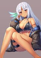1girl arm_strap arm_support ass azur_lane baggy_clothes bangs bare_shoulders bikini_top black_jacket blush breasts choker cleavage dark-skinned_female dark_skin eyebrows_visible_through_hair feathers female hair_feathers hand_in_hair jacket large_breasts long_hair long_sleeves looking_at_viewer massachusetts_(azur_lane) multicolored_hair native_american navel off_shoulder open_clothes open_jacket open_mouth pensuke purple_background sidelocks silver_hair simple_background sitting skindentation solo swimsuit swimsuit_under_clothes tanned thigh_strap thighs unzipped // 880x1243 // 137.1KB