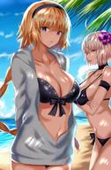 2girls ahoge armband arms_behind_back bangs bare_shoulders beach bikini black_bikini black_swimsuit blonde blue_eyes blue_jacket blue_sky braid breasts choker clavicle cleavage crossed_arms farys_(afopahqfw) fateapocrypha fategrand_order fate_(series) female flower hair_flower hair_ornament hairband high_resolution hips hood hoodie jacket jeanne_d'arc_(alter) jeanne_d'arc_(fate) jeanne_d'arc_(fate)_(all) large_breasts long_braid long_hair looking_at_viewer multiple_girls navel open_clothes open_jacket open_mouth palm_tree shade short_hair silver_hair single_braid sky sunlight swimsuit tied_hair tree very_long_hair // 1080x1645 // 269.3KB
