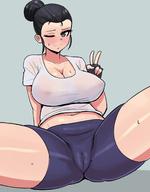 1girl areolae ass belly big_ass big_breasts bike_shorts black_hair blue_background blush breasts cameltoe chichi cleavage cosplay donburikazoku dragon_ball dragon_ball_super dragon_ball_z eyelashes female female_only fingerless_gloves gloves grey_eyes huge_breasts human large_ass large_breasts long_hair looking_at_viewer midriff milf navel nipples one_eye_closed ponytail pussy see-through shirt shorts sitting smile spread_legs sweat t-shirt thick_thighs videl white_border wide_hips wink // 1200x1541 // 129.2KB