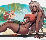1boy 2girls abs ahoge animal_ear_fluff animal_ears arm_support artist_name beach between_thighs bikini blonde_hair breasts cat_ears cat_girl cat_tail commentary covered_erect_nipples crushing dark-skinned_female dark_skin day english_commentary eris_greyrat eyepatch food food_on_body fruit ghislaine_dedoldia grey_hair highres holding holding_food holding_fruit holding_sword holding_weapon large_breasts long_hair looking_at_viewer multiple_girls muscular muscular_female mushoku_tensei navel one_eye_covered outdoors paid_reward_available palm_tree parted_lips patreon_username red_eyes red_hair rudeus_greyrat scar scar_on_face scar_on_stomach shadow solo_focus stopu swimsuit sword tail thick_thighs thigh_strap thighs tree underboob very_long_hair watermelon watermelon_between_thighs weapon wooden_sword // 2088x1828 // 463.7KB