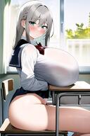 1girls ai_generated blush breasts busty eye_contact female female_only from_side green_eyes grey_hair huge_breasts looking_at_viewer no_panties original school_desk school_uniform sitting skirt skirt_lift stable_diffusion table thighs window // 880x1320 // 139.7KB