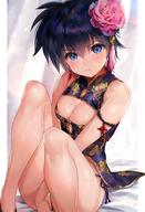 1girl :t bare_arms bare_legs bare_shoulders between_legs blue_eyes blush breasts china_dress chinese_clothes cleavage closed_mouth commentary_request dress earrings floral_print flower genderswap genderswap_(mtf) hair_flower hair_ornament hand_between_legs head_tilt highres houshin_engi jewelry knees_up medium_breasts mimoza_(96mimo414) panties pink_flower pout purple_dress purple_hair shoes short_hair side-tie_panties sitting solo sweatdrop taikoubou tassel underwear white_background // 1200x1757 // 236.4KB