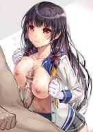 1girl black_hair black_skirt blue_sailor_collar breasts clothed_female_nude_male cum cum_on_body cum_on_breasts cum_on_upper_body eyebrows_visible_through_hair gloves hair_ribbon heart heart-shaped_pupils highres isokaze_(kantai_collection) kantai_collection large_breasts long_hair long_sleeves nipples nude open_clothes open_shirt paizuri penis red_eyes red_ribbon ribbon sailor_collar school_uniform shirt skirt solo_focus symbol-shaped_pupils tarou_(user_tpmh7442) uncensored white_gloves white_shirt // 1288x1818 // 365.1KB